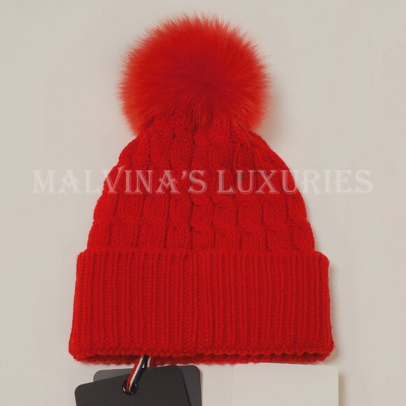 MONCLER GRENOBLE WOOL HAT FOX FUR POM POM RED BRAIDED WOOL SKI BEANIE w LOGO - Picture 5 of 12